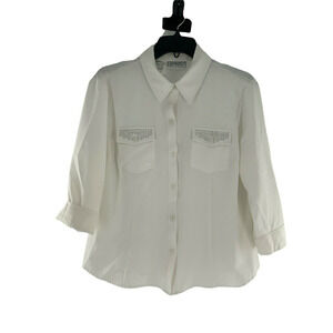Kathy Che Stretch Vintage Blouse Womens Size Large Rhinestone Pockets Top
